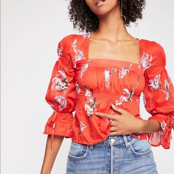 Free People Tops - Free People Cherish The Light Floral Blouse RED M